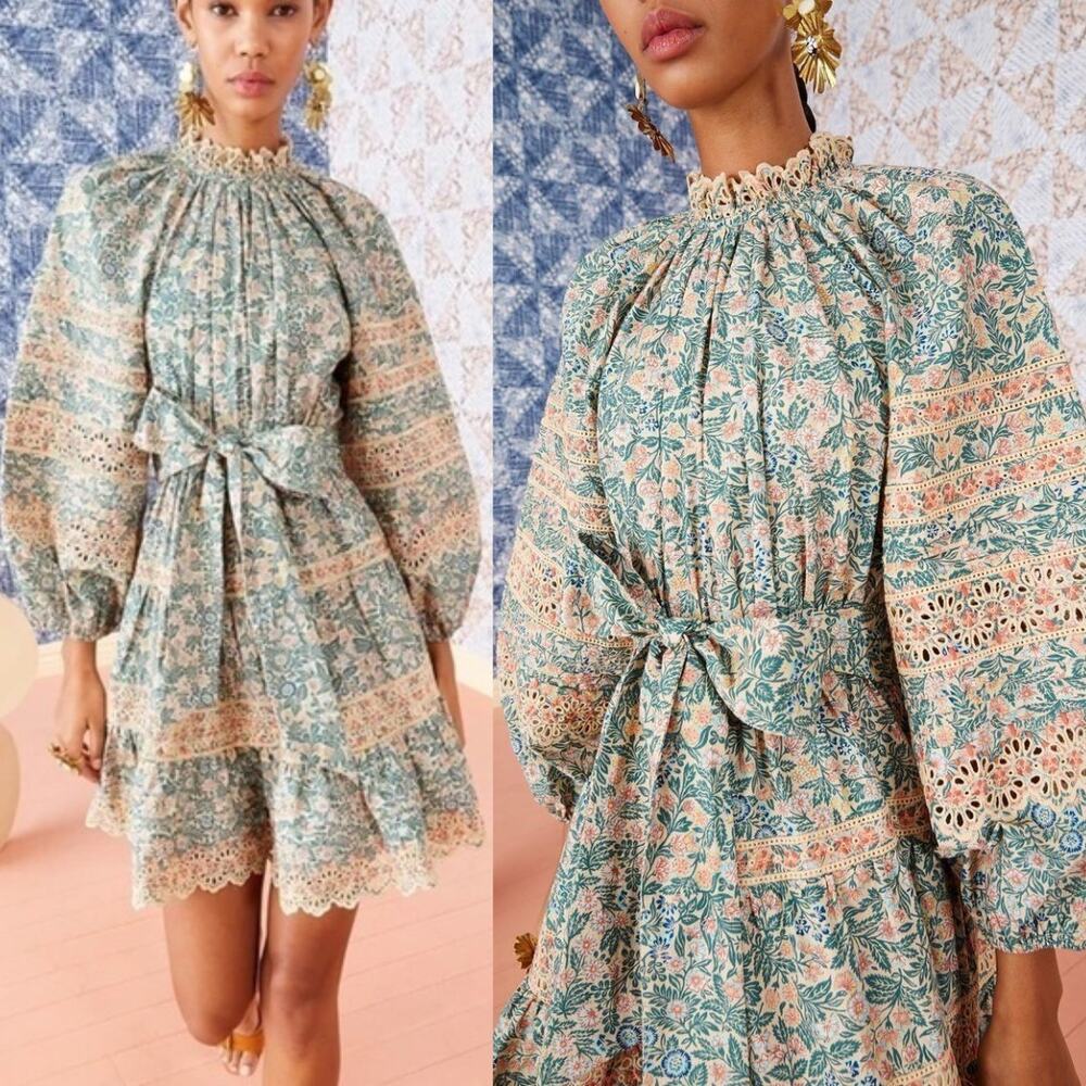 Ulla Johnson Dress Floral Cotton Mini Long Sleeve Green Pink Boho Ardith Sz 8‎